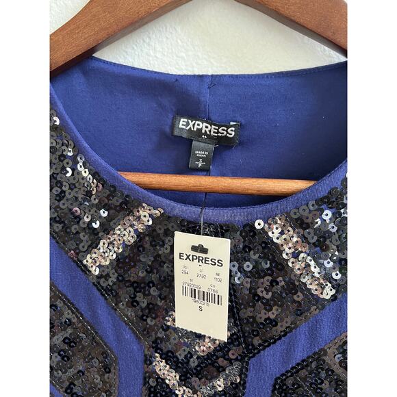 Express Sequin Aztec Art Deco Mini Dress Blue Black Bodycon Party Size Small - Picture 4 of 11